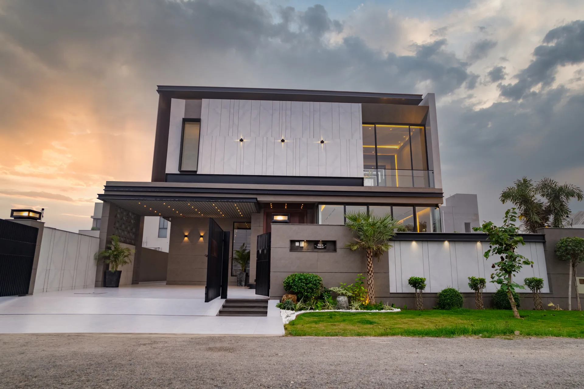 Completed contemporary Bascon residence at sunset