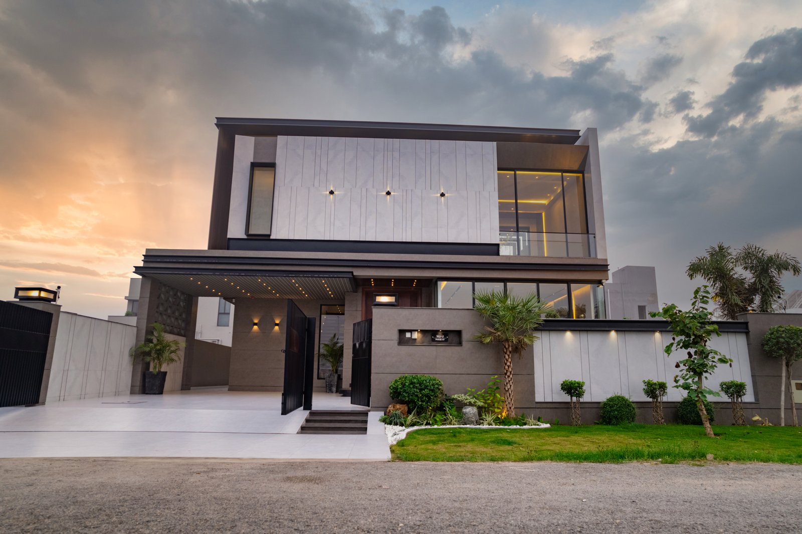 Completed contemporary Bascon residence at sunset