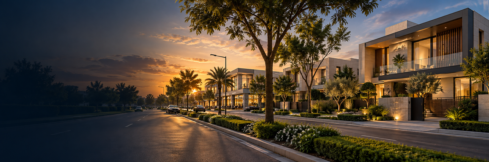 Original DHA-inspired neighbourhood illustration with contemporary homes and a landscaped boulevard